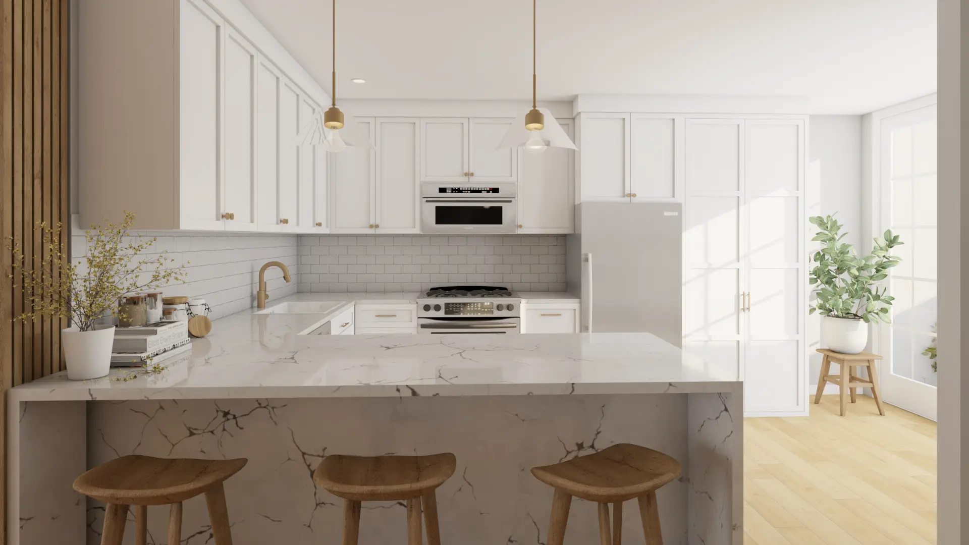 Modern white kitchen with marble countertops and golden accents, highlighting a clean and luxurious space. Design by Debora, based in New York.