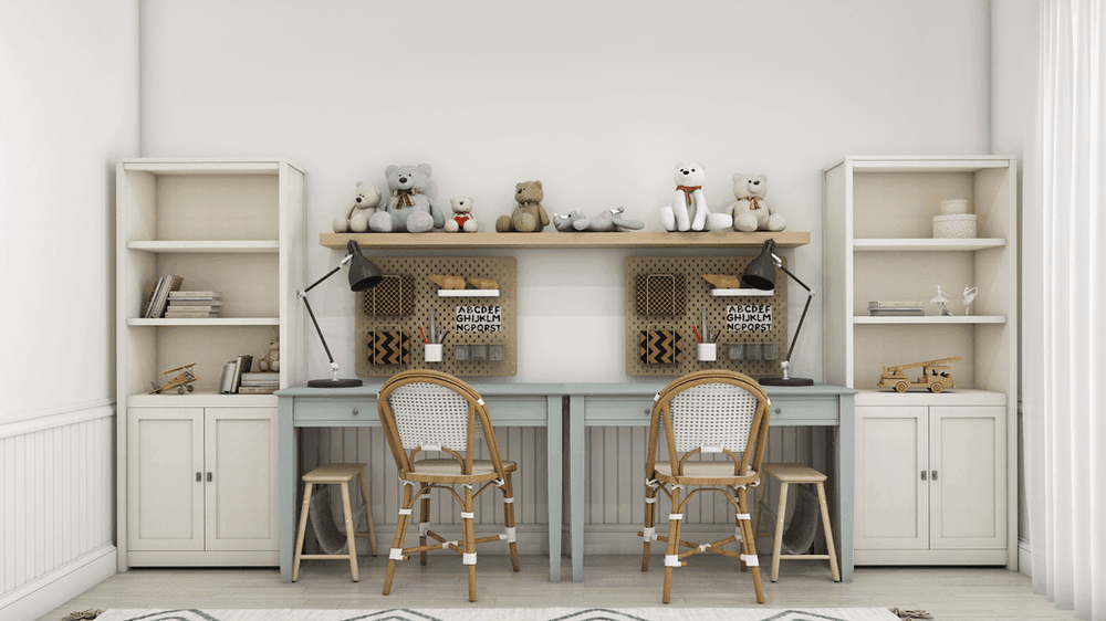 A stylish and organized children's study area featuring two light blue desks with rattan chairs, flanked by shelving units for storage. The shelves hold books, toys, and decorative items, while the desks are equipped with desk lamps and pegboards for organizing study materials.