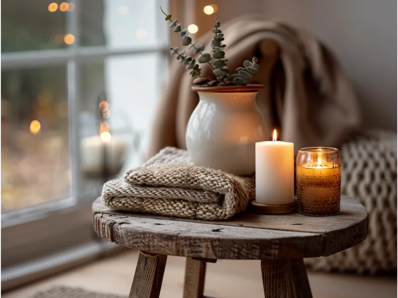 A cozy living room with layered warm lighting showing ambient, accent, and task lighting working together