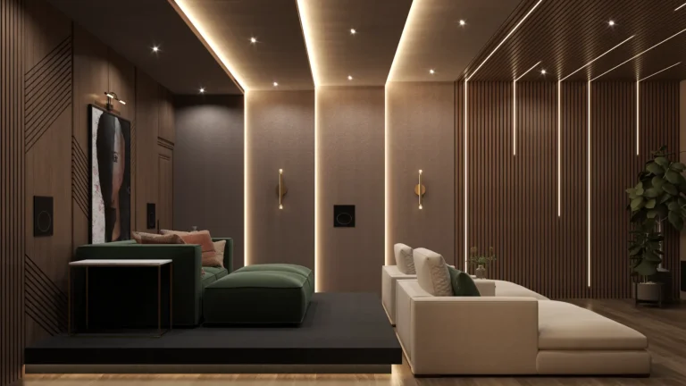 The same modern room with bright white lighting showing how temperature changes the mood