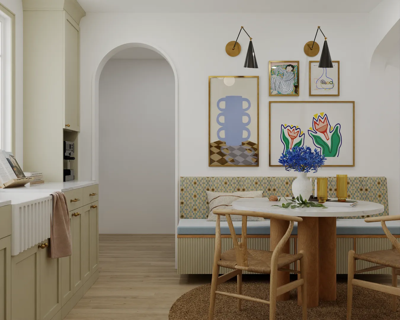 Modern farmhouse breakfast nook with wall art and built-in bench