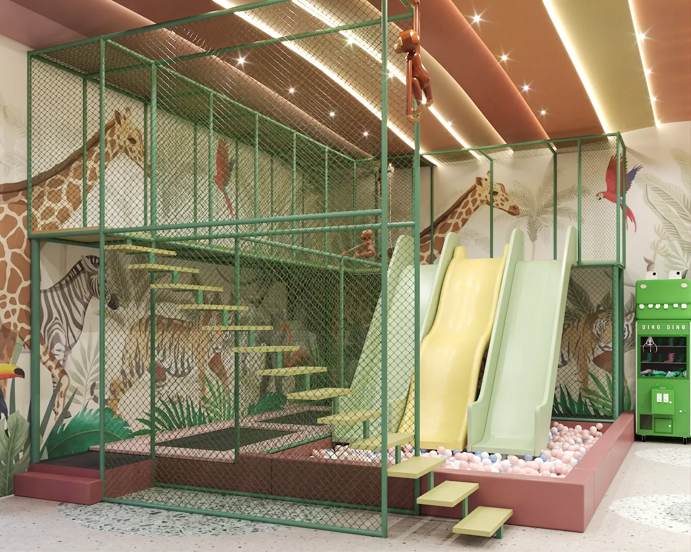 jungle themed indoor playground with slide and climbing net