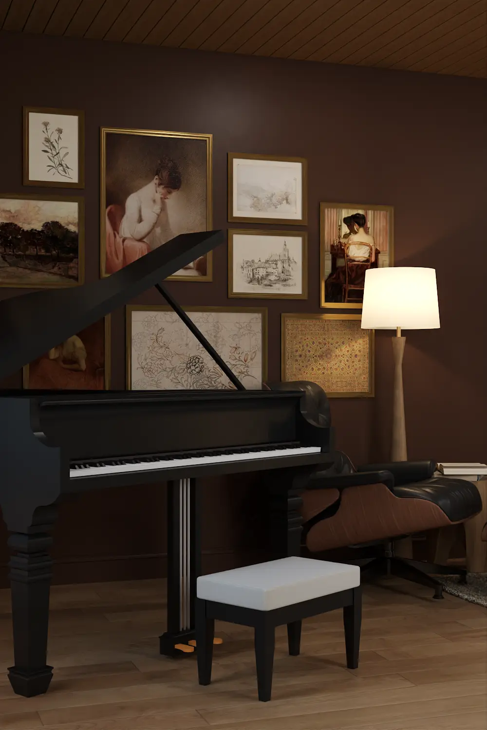 Cozy piano room with warm lighting and inviting atmosphere