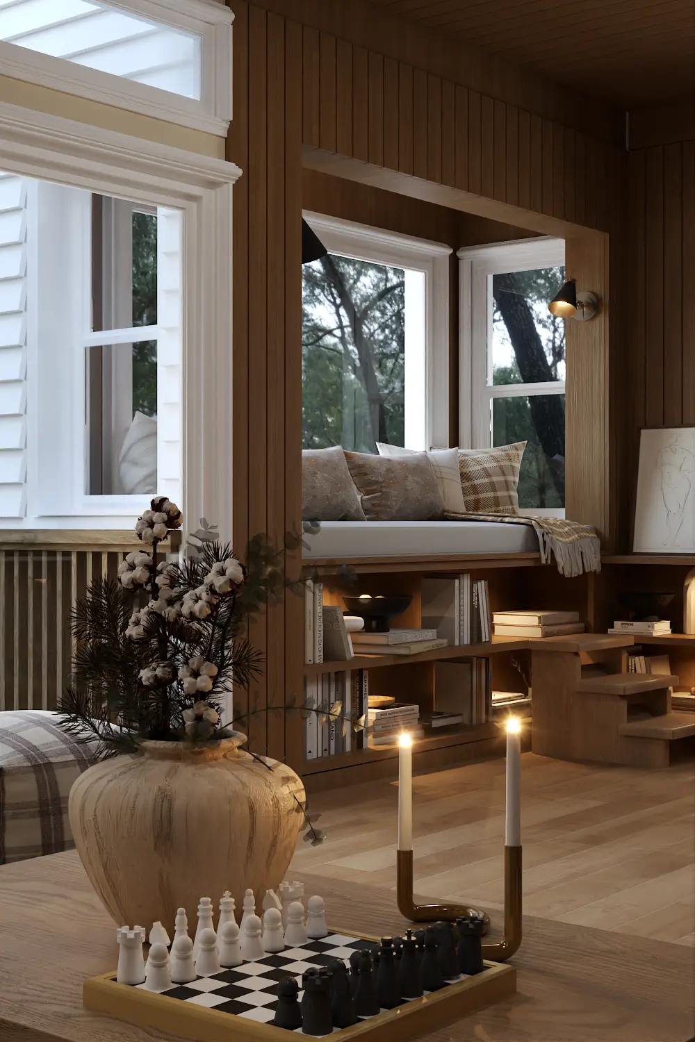 Comfortable reading nook with cozy seating and warm lighting