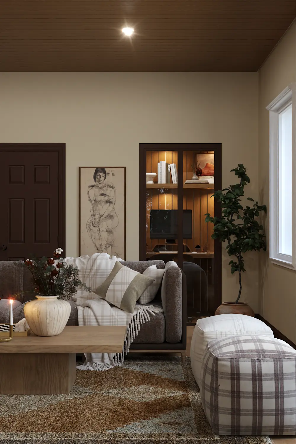 Stylish seating arrangement in a combined piano and reading space