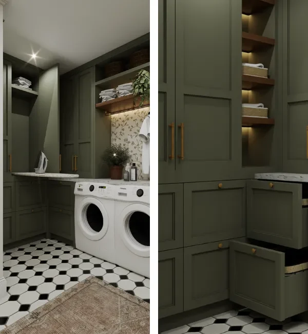 bathroom storage cabinets above laundry