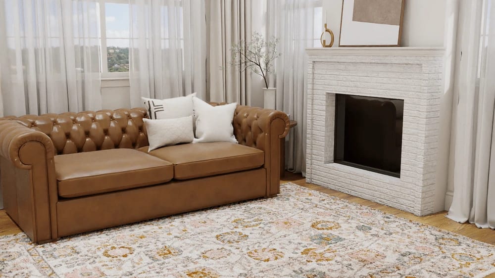 Contemporary living room with Chesterfield leather sofa on the rug