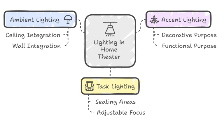 home theater lighting plan with layered ambient and task lights