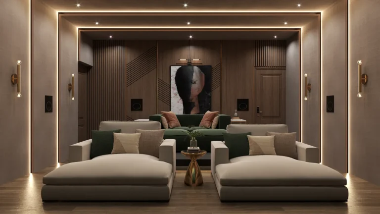 home theater seating layout with plush recliners