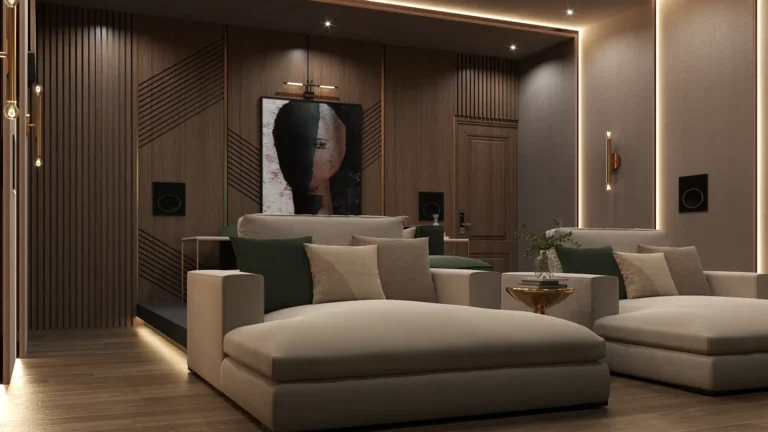 Contemporary home theater with cozy seating