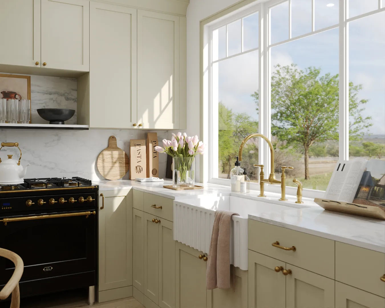 Elegant farmhouse kitchen with cream cabinets and marble countertops