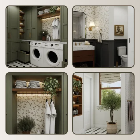 open shelving for laundry baskets