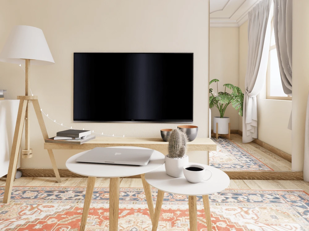 cozy living room rug anchoring the seating area