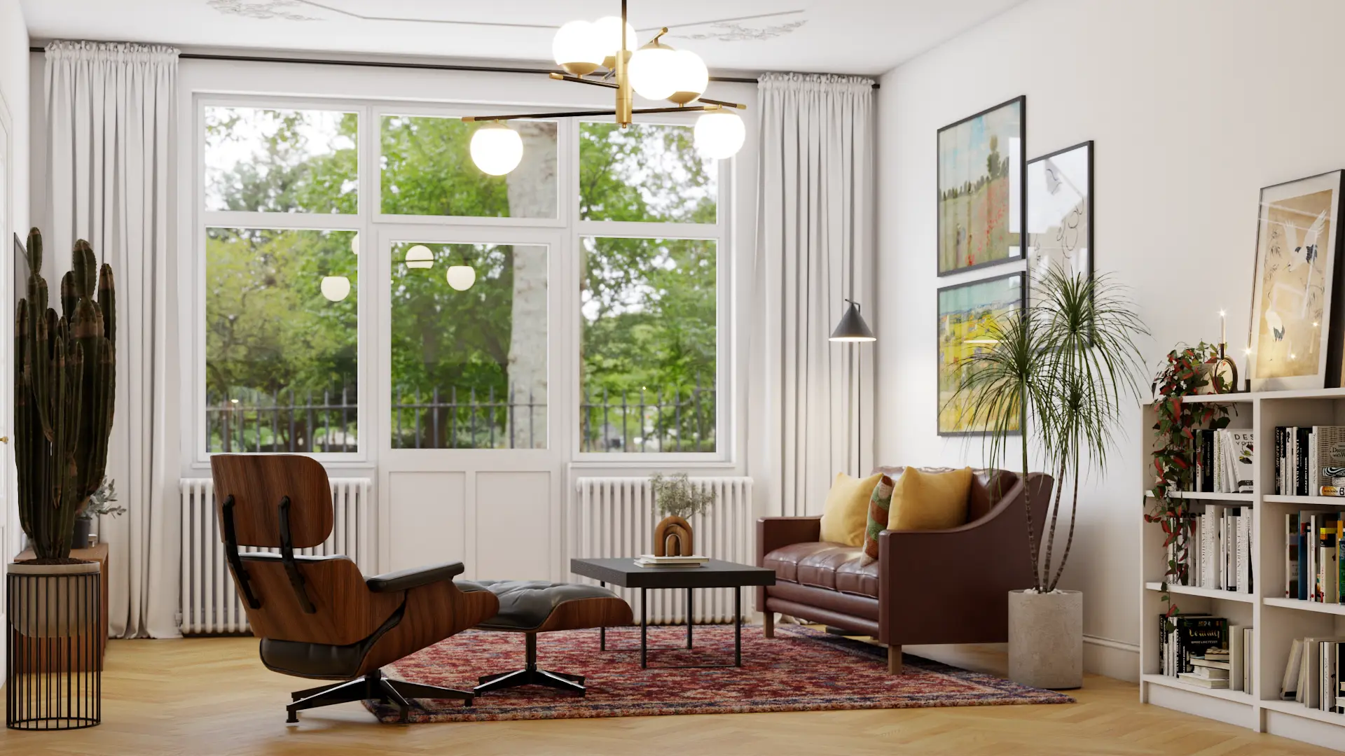 Contemporary living room with eclectic furniture, large windows, and abundant natural light, designed by Debora