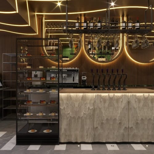 restaurant dining room with warm lighting and banquette seating