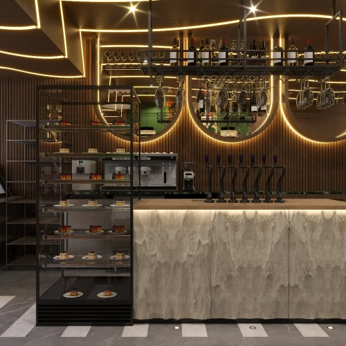 restaurant dining room with warm lighting and banquette seating