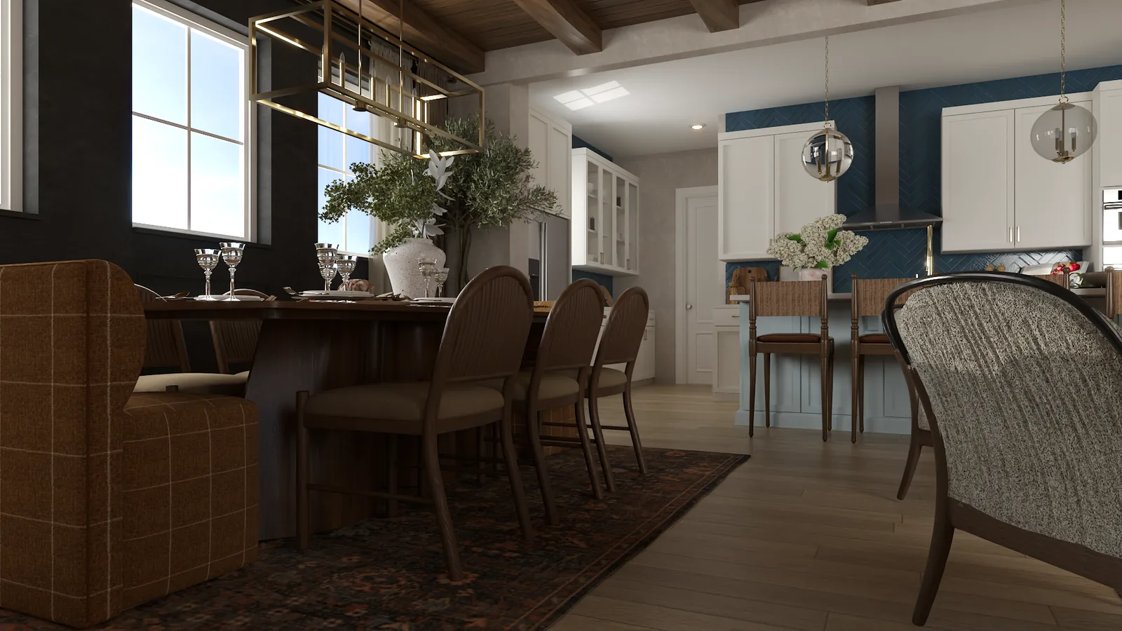 Dining table with brass linear chandelier, large windows, layered greenery, and a glimpse into the kitchen