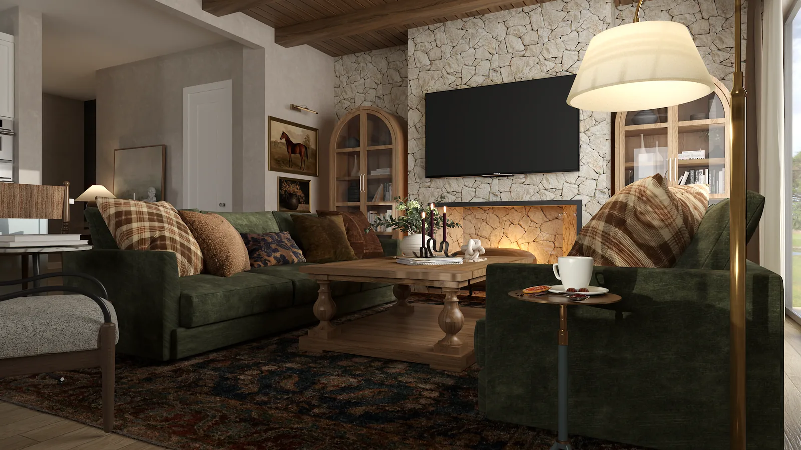 Living room with green velvet sofa, brass floor lamp, layered pillows, and a wood coffee table on a persian rug
