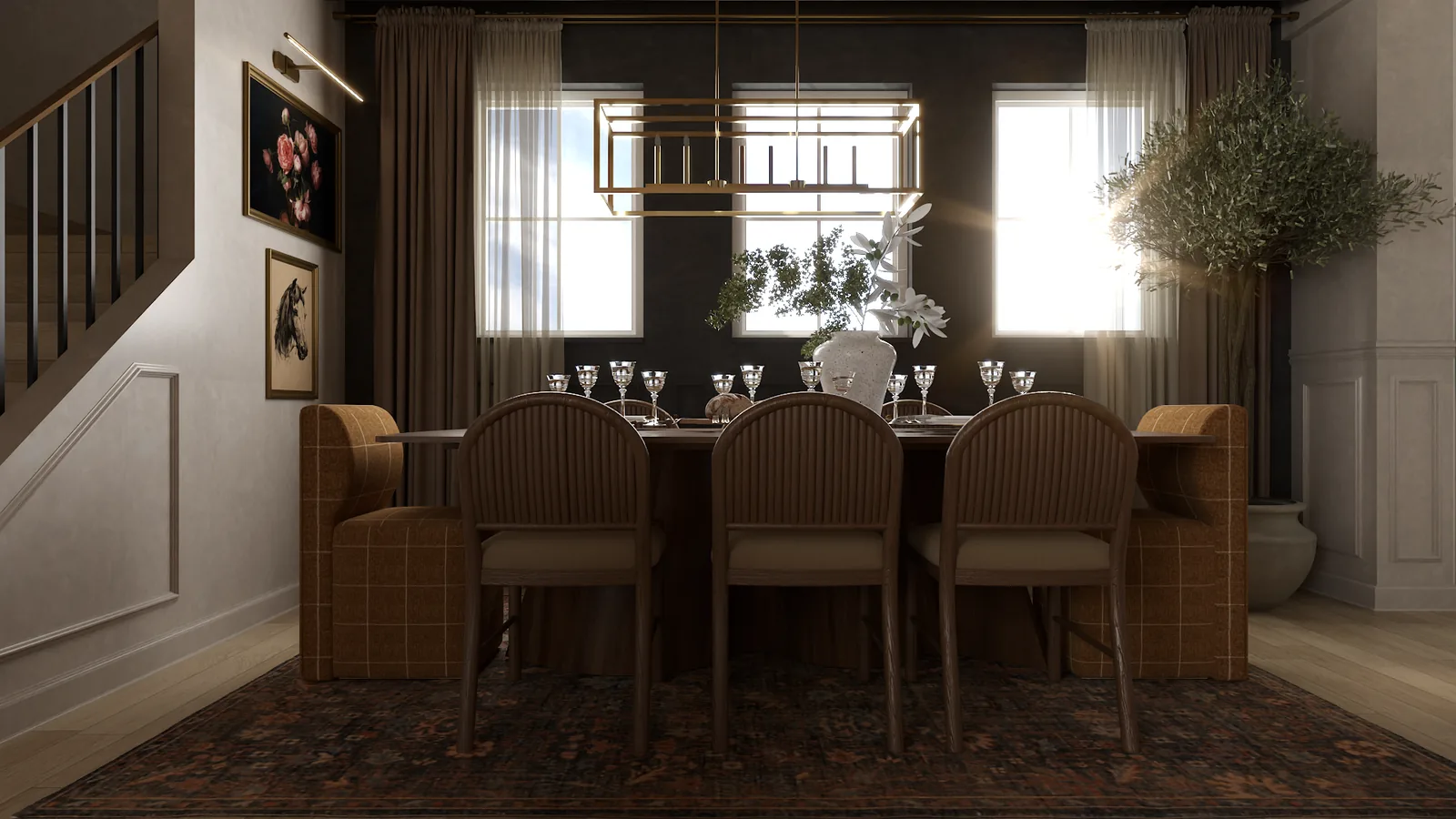 Moody dining room with woven chairs, brass linear chandelier, framed botanical art, and large windows
