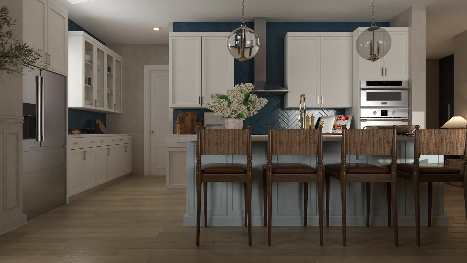 Navy backsplash kitchen with white shaker cabinets, oat-colored island, woven counter stools, and brass cage pendants
