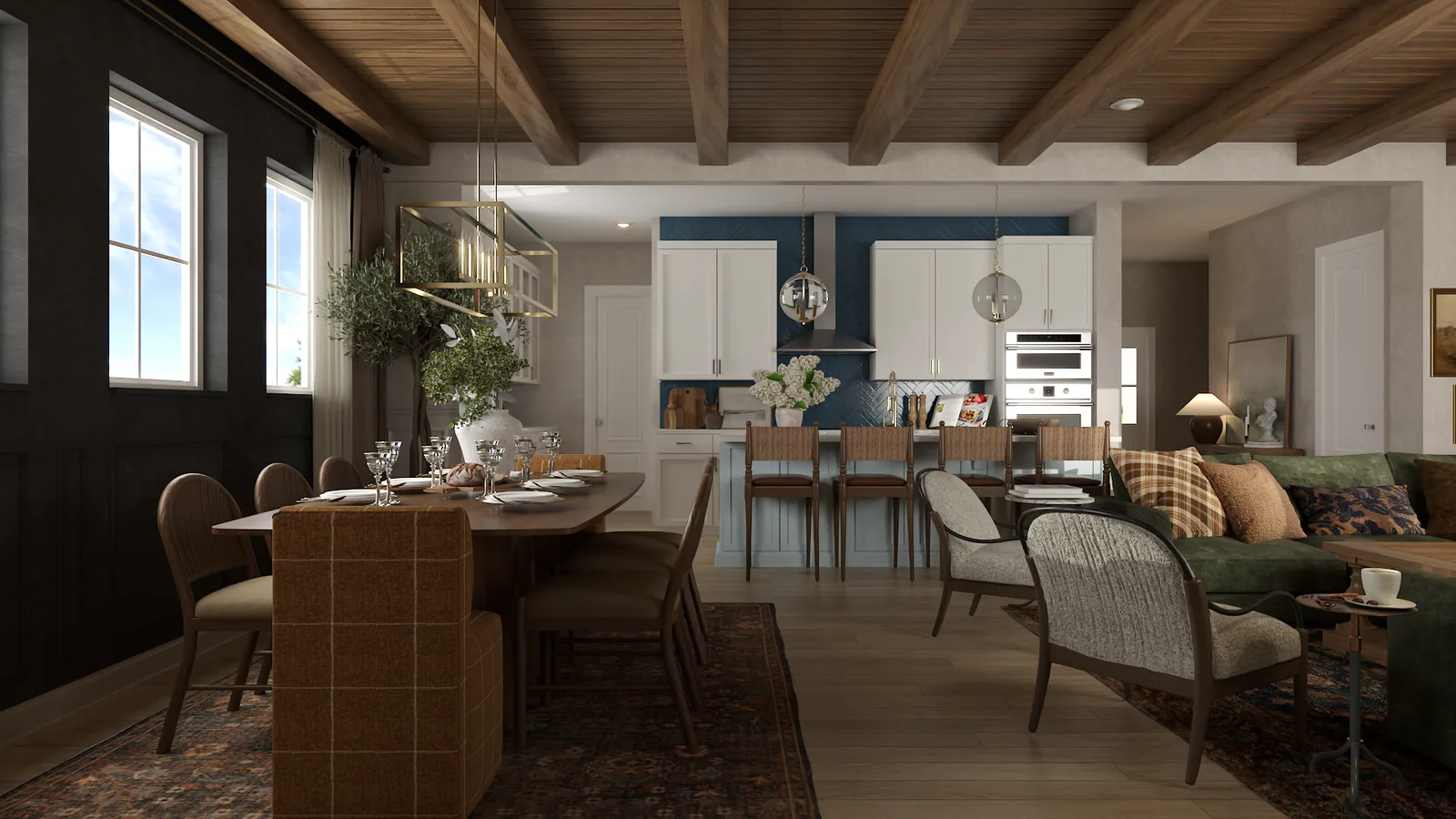 Open concept dining and kitchen view with wood beam ceiling, mixed seating, brass lighting, and warm wood floors