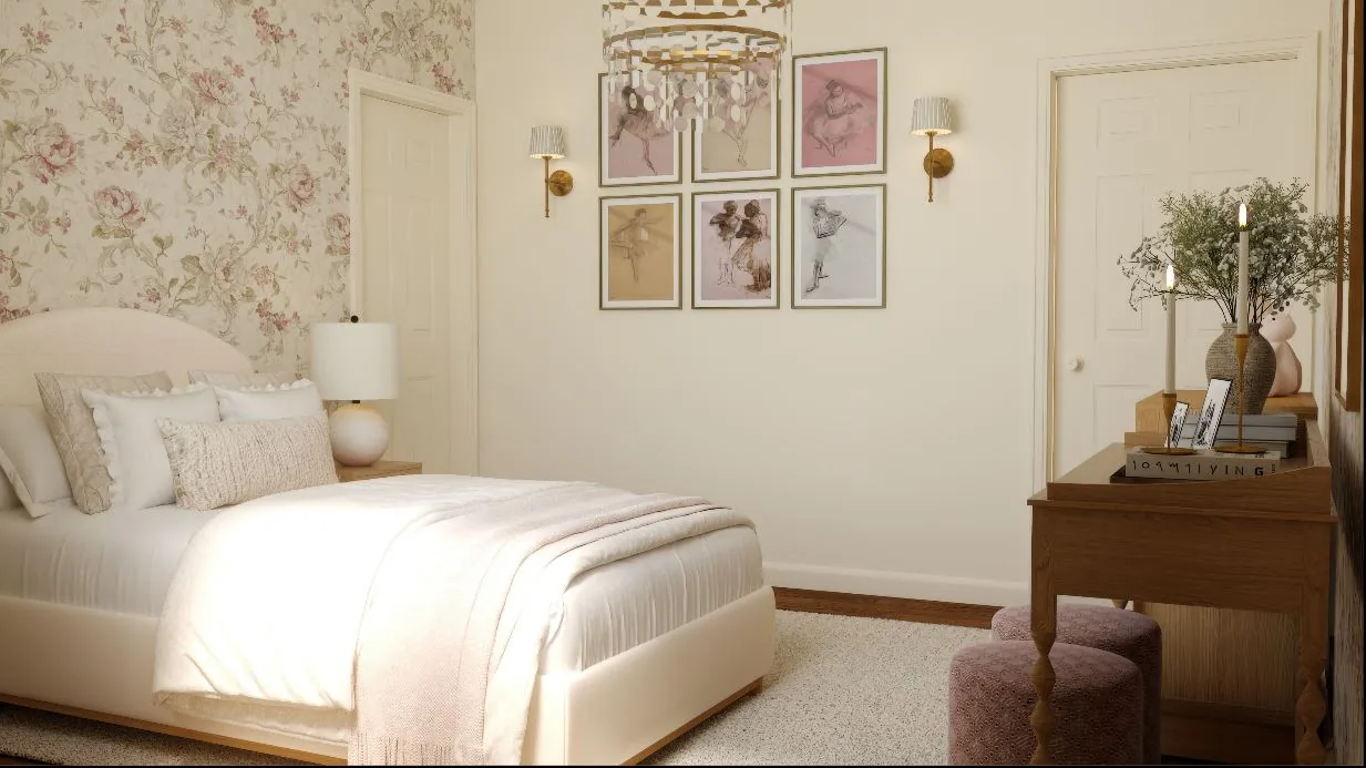 Arched cream headboard on floral wallpaper, with six ballerina prints and two brass sconces on the adjoining plain wall