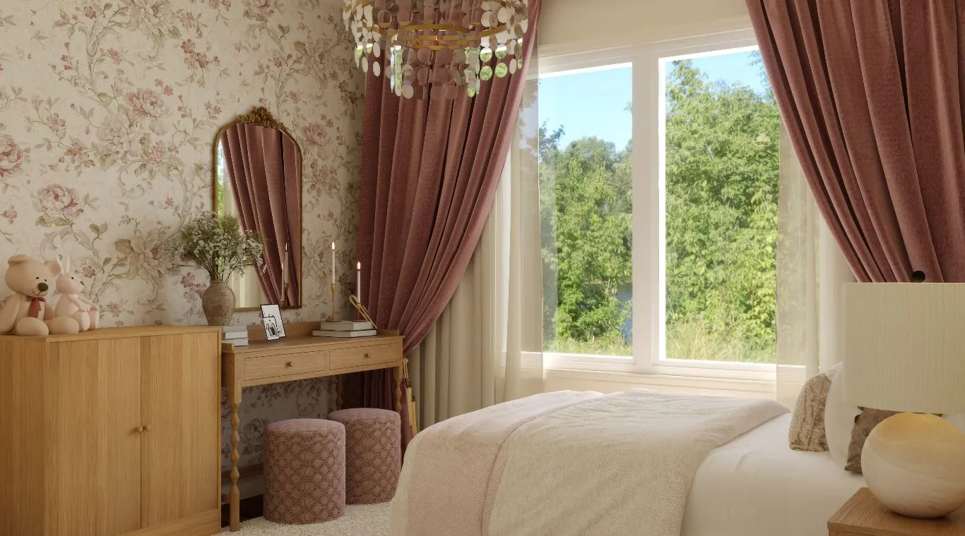 White oak vanity with an arched gold mirror and two dusty pink poufs against floral wallpaper