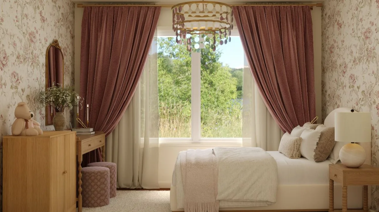 Girls bedroom with dusty rose velvet curtains, a white oak vanity and a capiz chandelier