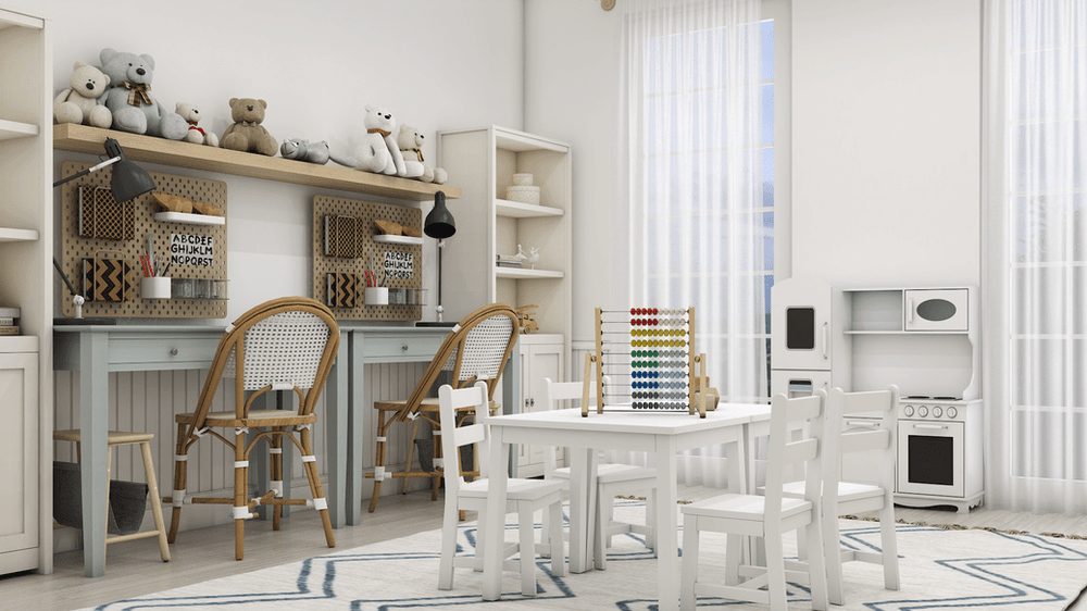 A bright and inviting children's room featuring two study desks with rattan chairs, a table with chairs, and a play kitchen set. The room is decorated with plush toys and organized with shelves for storage, creating a space that blends functionality with playful elements.