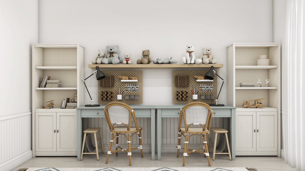 A stylish and organized children's study area featuring two light blue desks with rattan chairs, flanked by shelving units for storage. The shelves hold books, toys, and decorative items, while the desks are equipped with desk lamps and pegboards for organizing study materials.