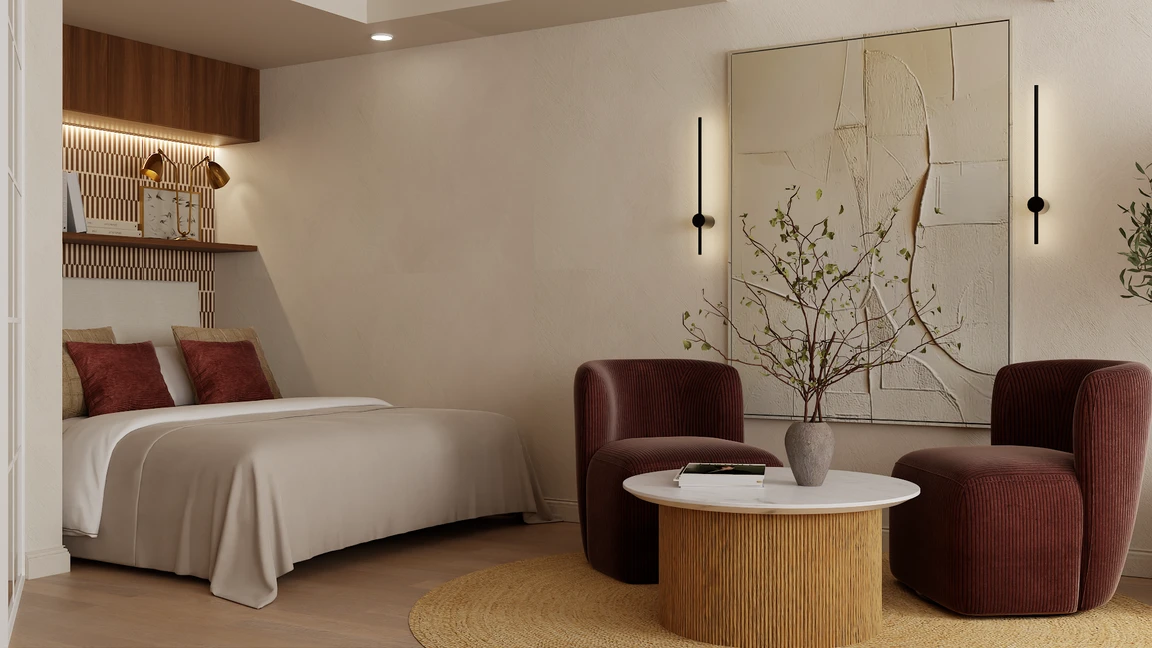 Bed alcove with fluted wood accent wall, brass reading lights and burgundy velvet pillows