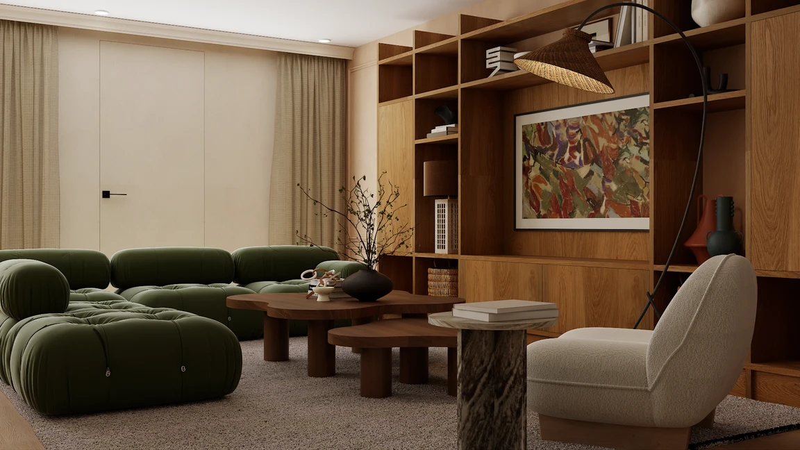 Forest green modular sofa facing floor to ceiling oak built in with framed abstract art