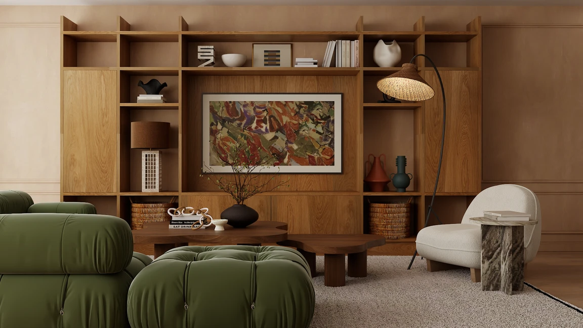 Oak built in shelving styled with terracotta vessels, woven baskets and a rattan floor lamp