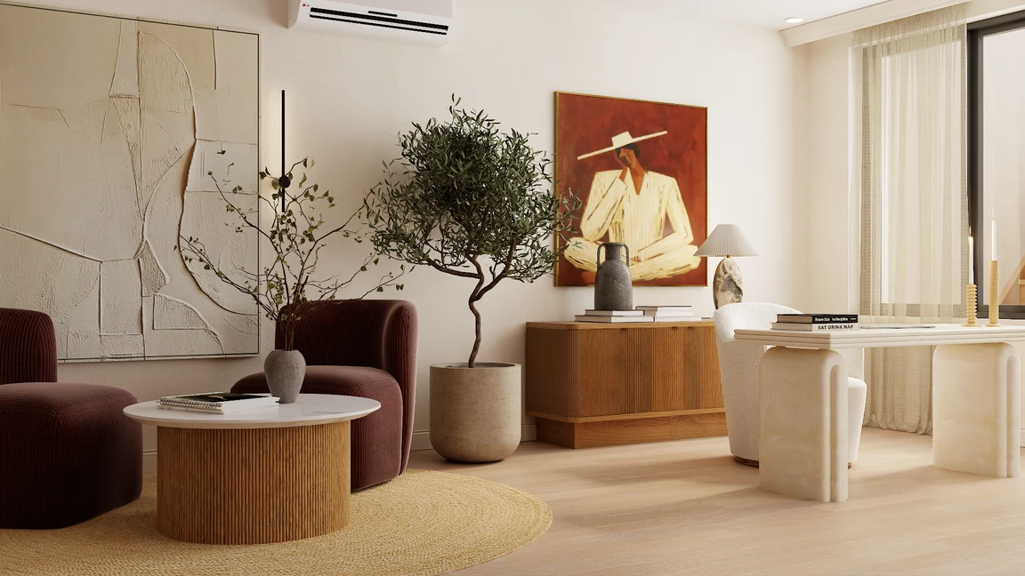 Burgundy ribbed velvet club chairs beside fluted oak credenza, olive tree and textured plaster artwork