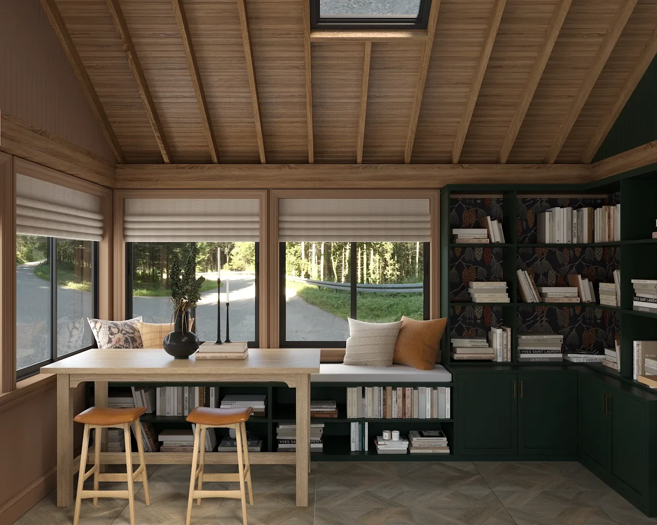 White oak high table and leather counter stools under a wood ceiling skylight in a sunroom