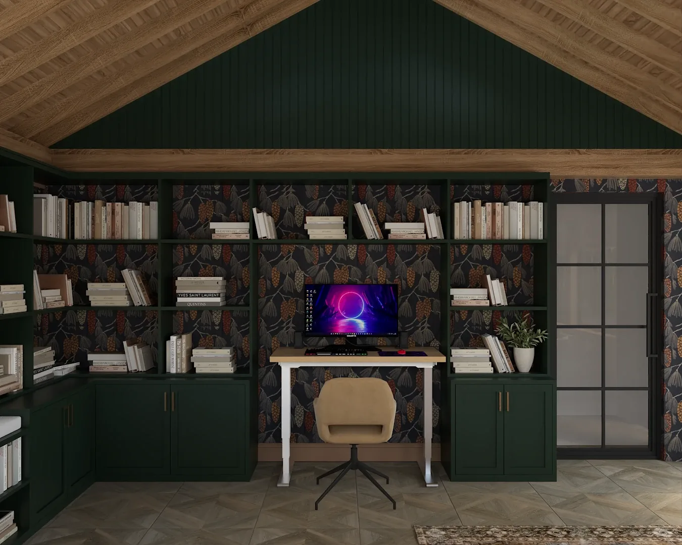 Sunroom home office with a height adjustable desk, tan task chair and forest green built-in shelving