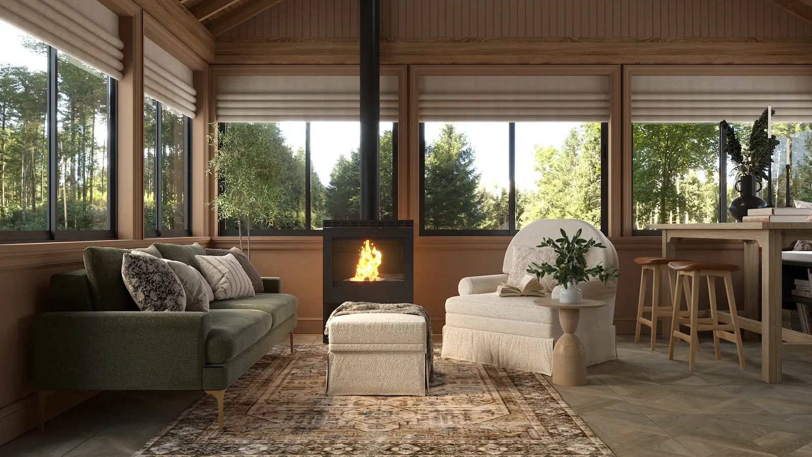 After: sunroom lounge zone with an olive green sofa, cream boucle armchair and a black freestanding fireplace
