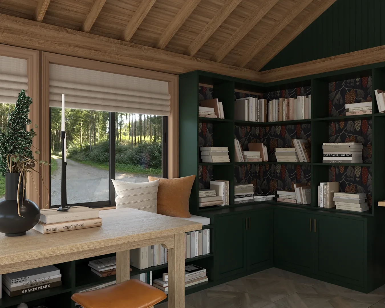 Window seat reading nook with cream and rust pillows against forest green built-ins backed in botanical wallpaper
