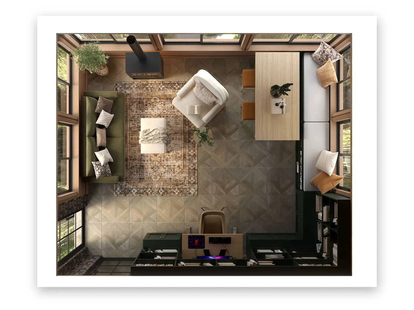 Overhead view of a 270 square foot sunroom laid out in three zones for lounging, working and hobbies