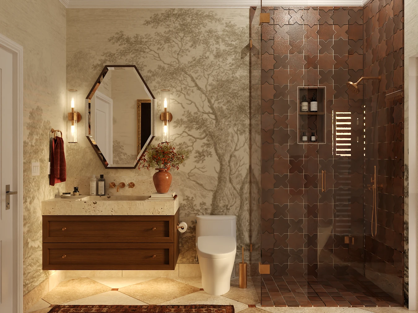 Selected: Spanish Revival bathroom with a dark zellige tile walk-in shower, floating walnut vanity and a tree mural