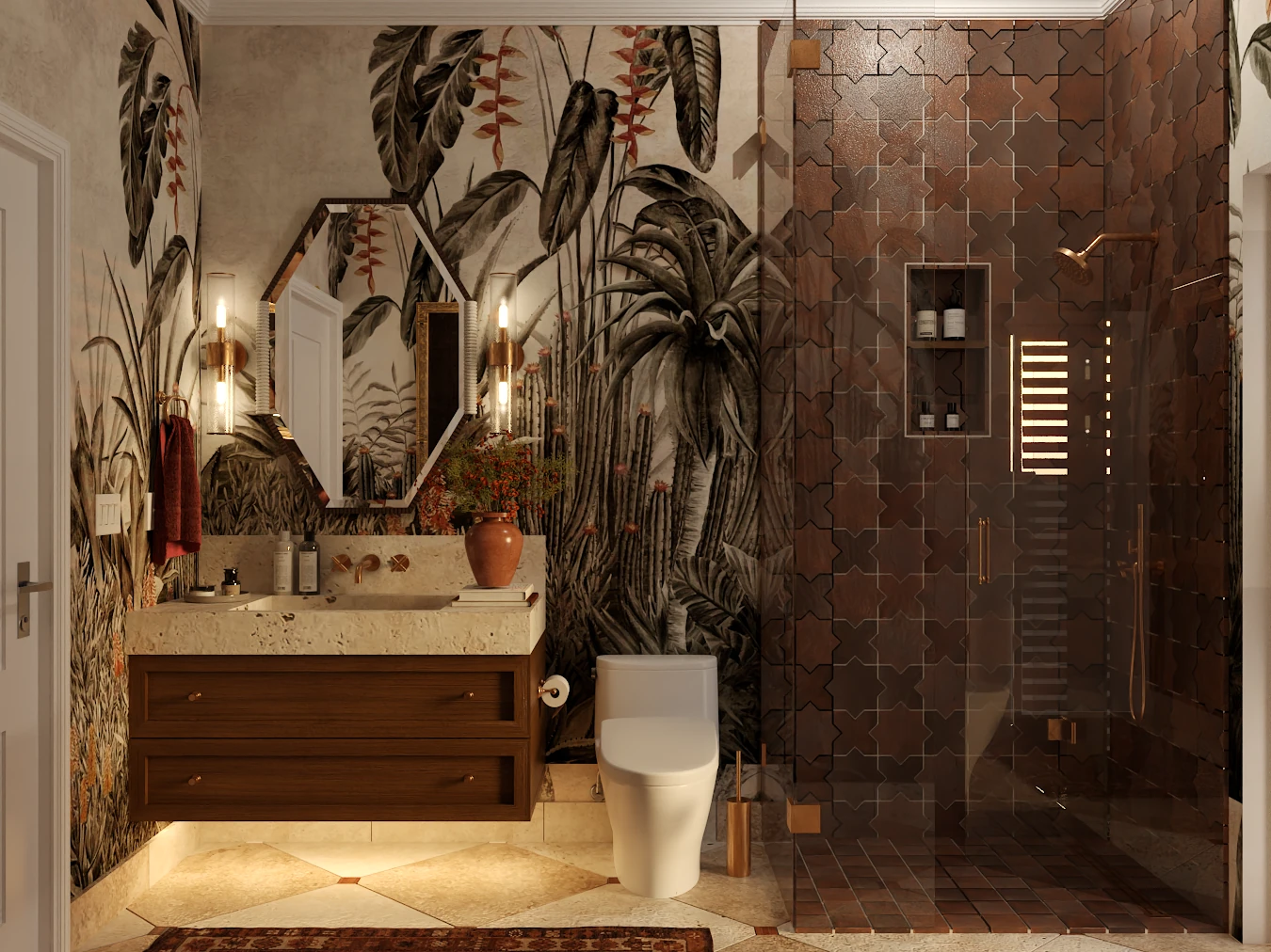Option Two wallpaper: a tropical foliage mural on the same walls, beside the zellige tile walk-in shower