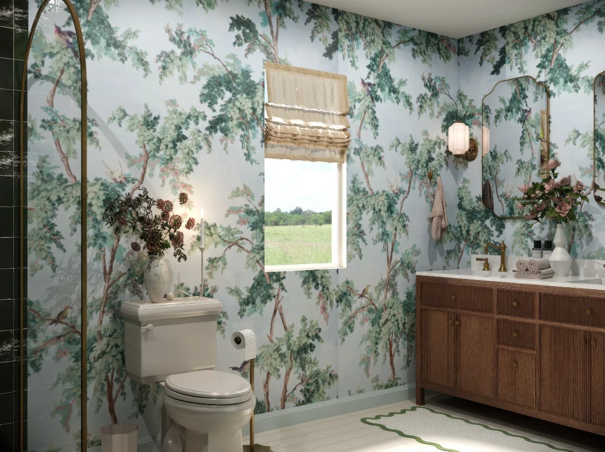 Bathroom after with a green forest mural wallpaper wrapping every wall around the wood vanity