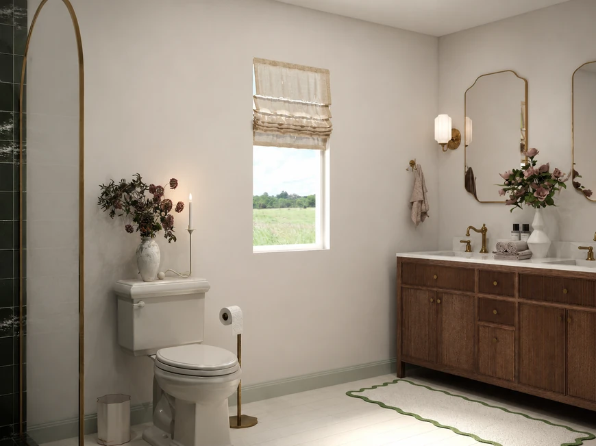 Bathroom before with plain greige walls, a wood double vanity, and an arched shower