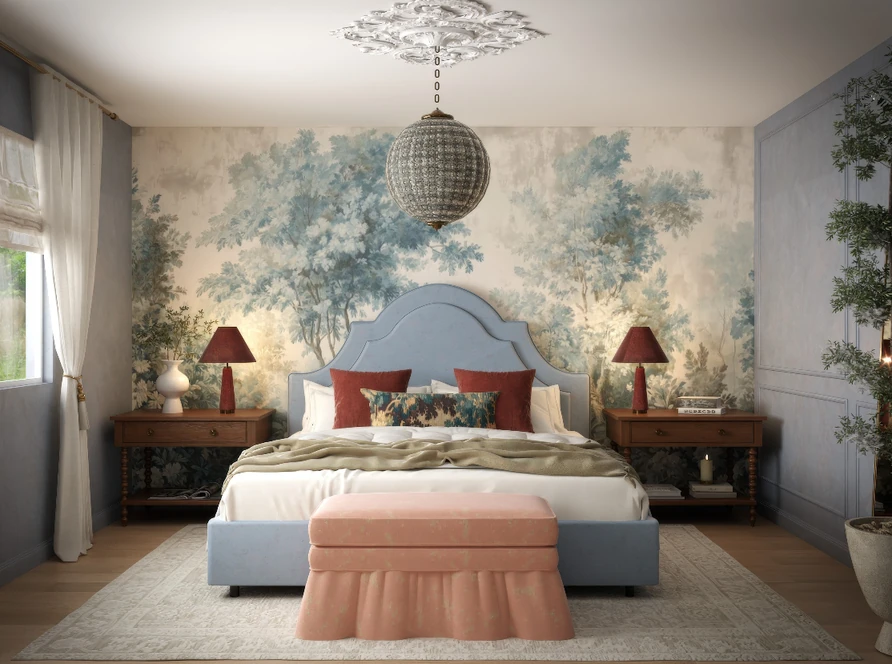 Primary bedroom after with a blue and green botanical forest mural behind the headboard