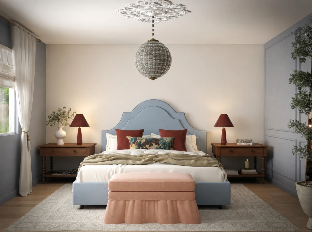 Primary bedroom before with a plain cream wall behind a blue upholstered headboard