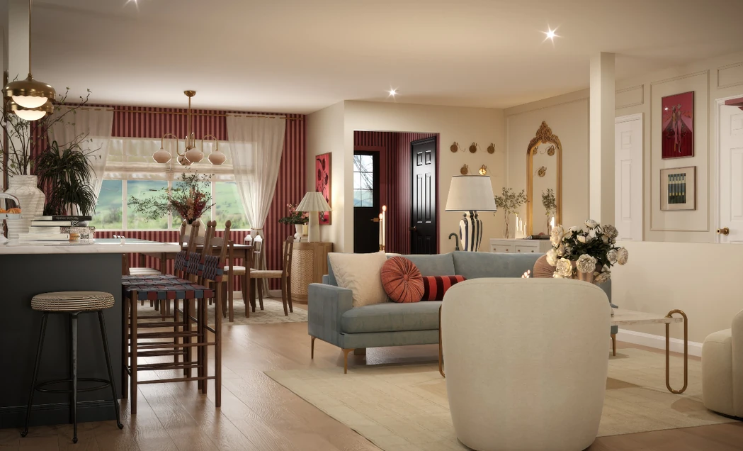 Open concept living room after with burgundy stripe wallpaper framing the dining zone and a sage sofa