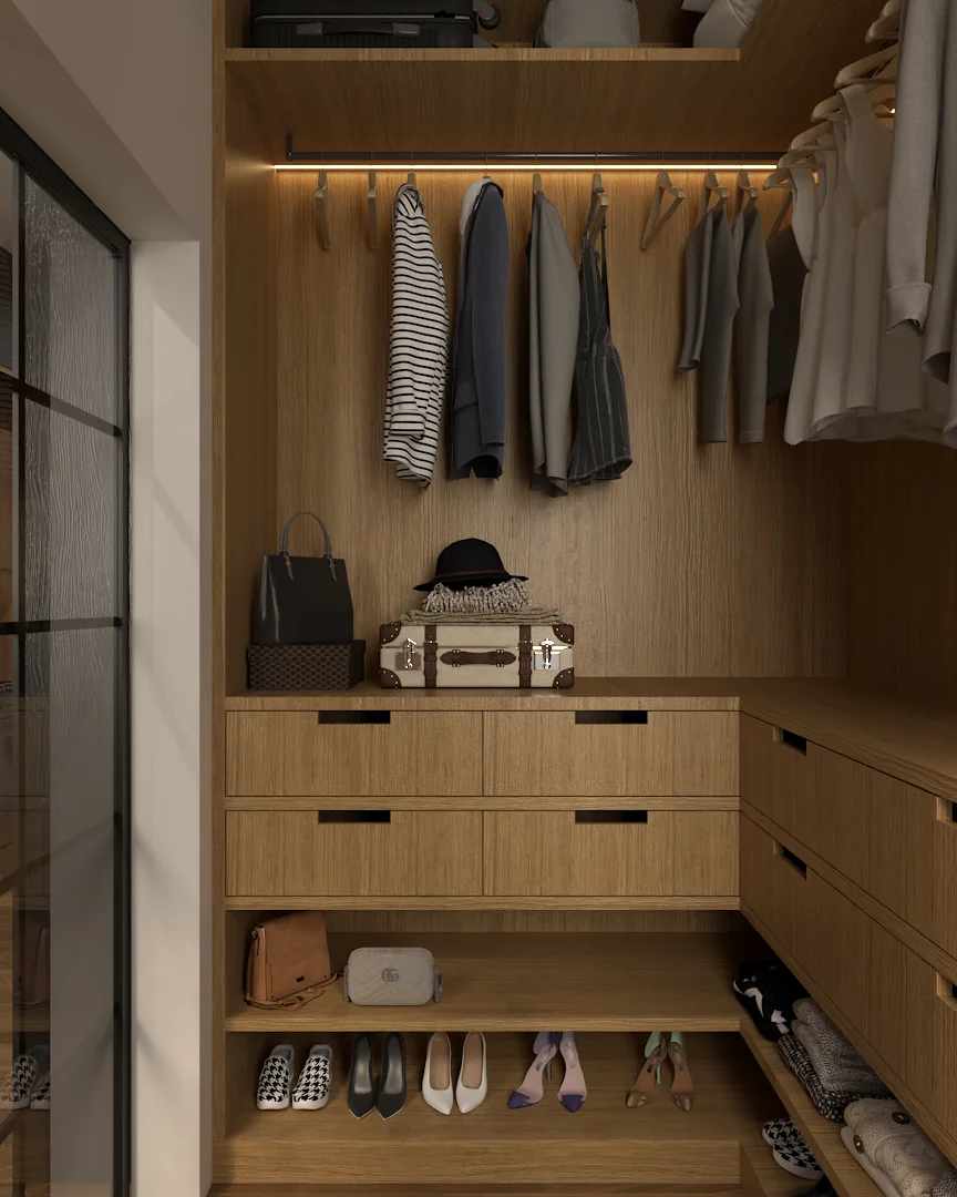 Walk-in closet with oak drawers, LED-lit hanging rod, designer bags on the counter, a hat, and open shoe shelving below with heels and flats
