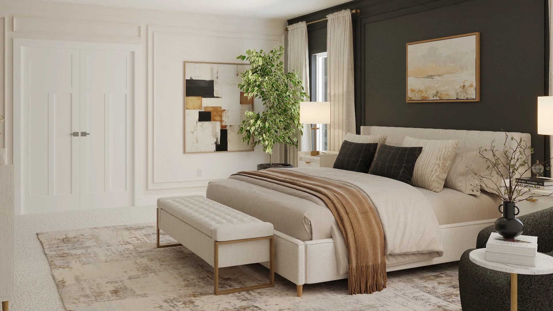 Photorealistic 3D bedroom render showing neutral tones and modern furniture layout