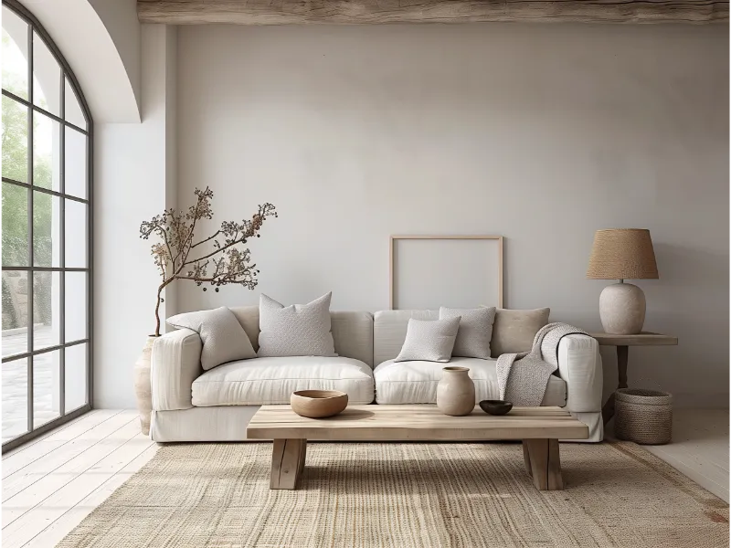 Close-up of a modern living room with a white sofa, round coffee table, and contemporary fireplace. The room is illuminated by large windows and decorated with plants and elegant candles.