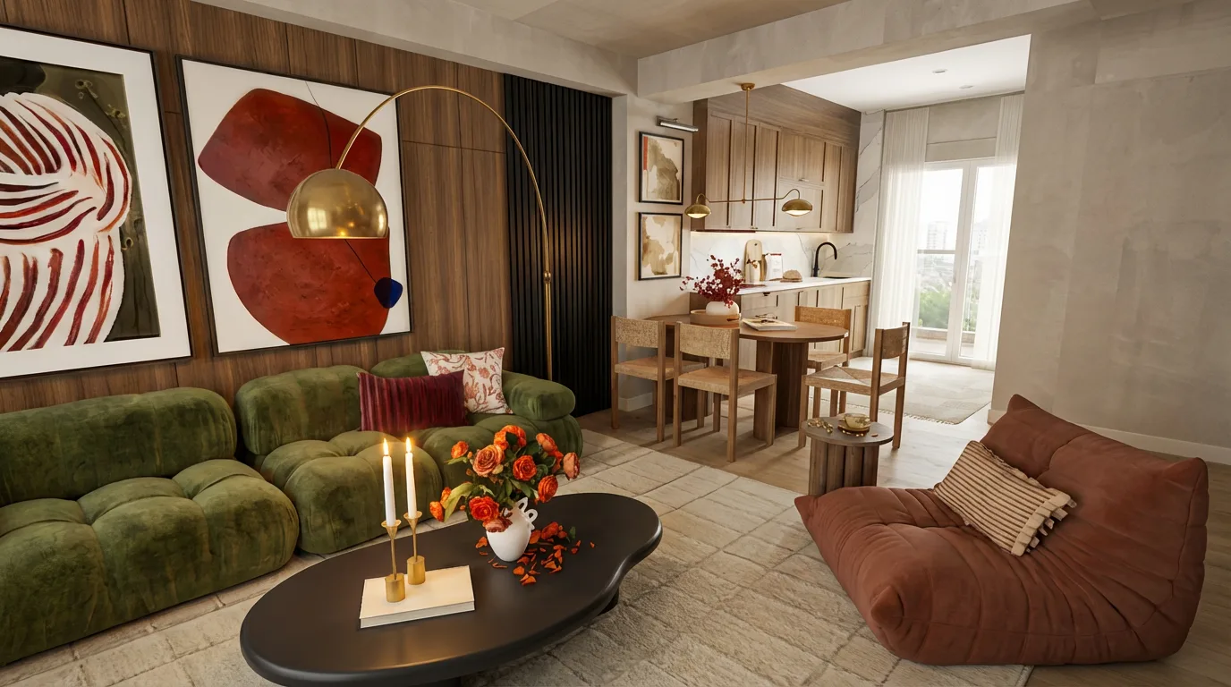 Living room after our design with curated mixed furniture pieces